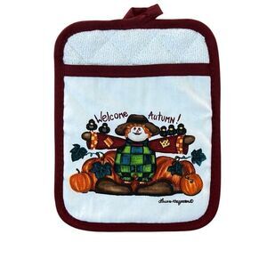 Laurie Korsgaden Fall Autumnal Scarecrow and Pumpkins Oven Mitt Vintage 90s NWOT